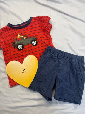 Pekkle - Red Striped Kids Truck T-Shirt and Blue Shorts Set